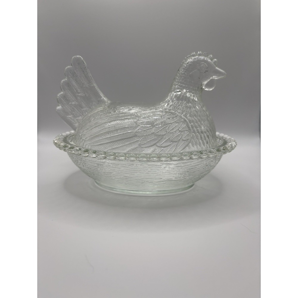 Vintage Indiana Glass Clear Large 7" Hen on Nest Covered Dish MCM Farmhouse - Picture 1 of 15